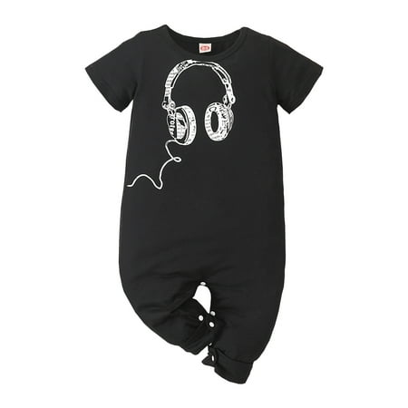 

Newborn Baby Boys Romper Jumpsuit Onesies Bodysuit Short Sleeve Headset Print Romper Newborn Black