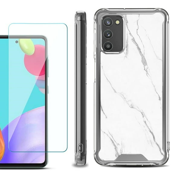 Shockproof Bumper Phone Case for Samsung Galaxy A03s, with Tempered Glass Screen Protector, by OneToughShield ® - Marble / White