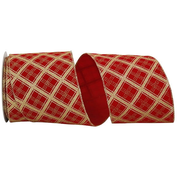 Reliant Ribbon - 93590W-994-10F, Lattice Glitter Velvet Wired Edge Ribbon, Red/gold, 4 Inch, 10 Yards