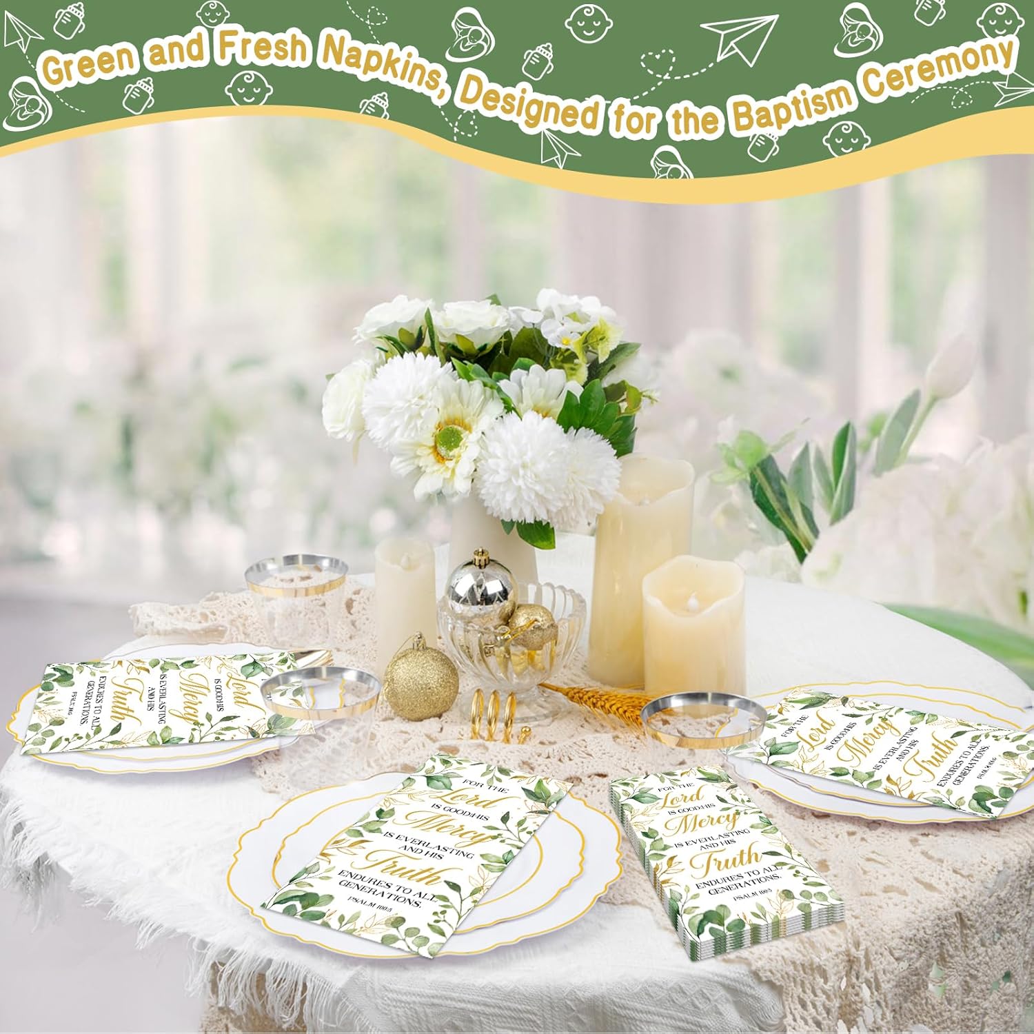 100 Pcs Religious Napkins Disposable Baptism Napkins 3 Ply Christian Eucalyptus Decorative Hand Towels Bathroom Bible Verse Hand Towels for Wedding First Communion Baptism Spring Party