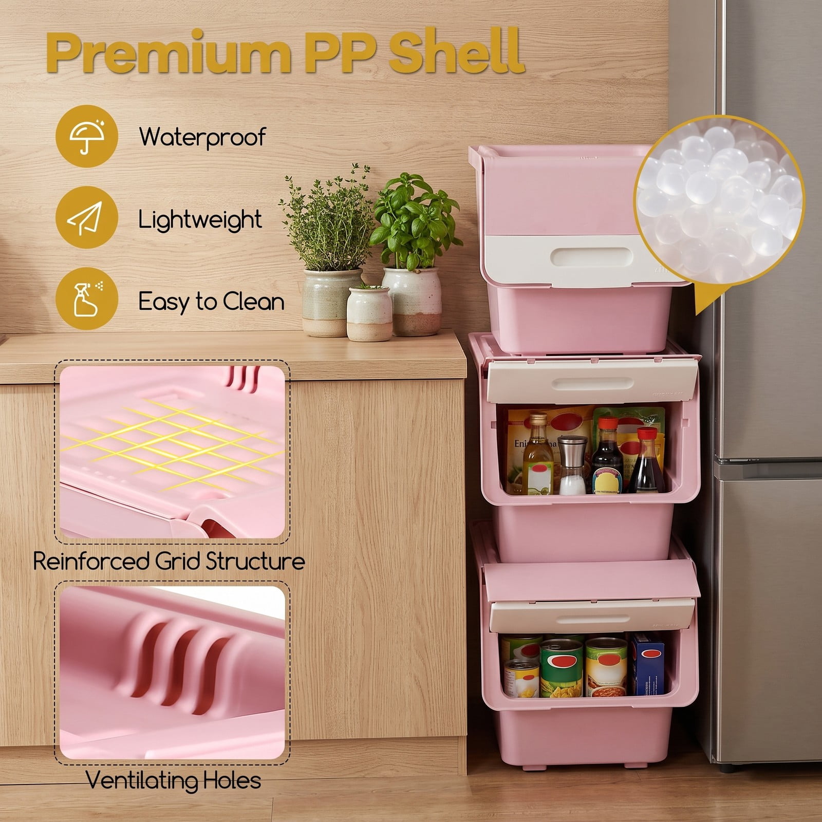 Furnibear Set of 3 Stackable 35 QT Storage Bins on Wheels with Flip Door and Stay-Open Lid for Bedroom and Closet Use, Pink