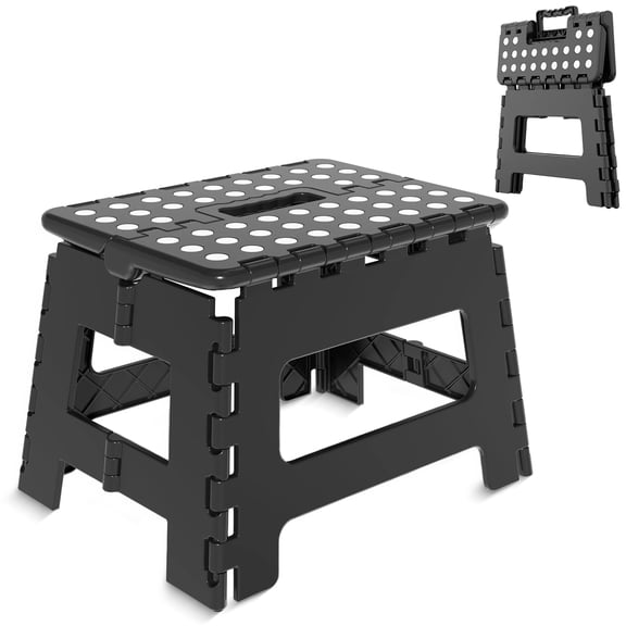 Rirool Folding Step Stool 9 Inch, Non-Slip Foldable Plastic Step Stool with Portable Handle, Heavy Duty Folding Stool Holds Up to 300 lbs for Kitchen, Bathroom, Bedroom, Office & Garage, Black