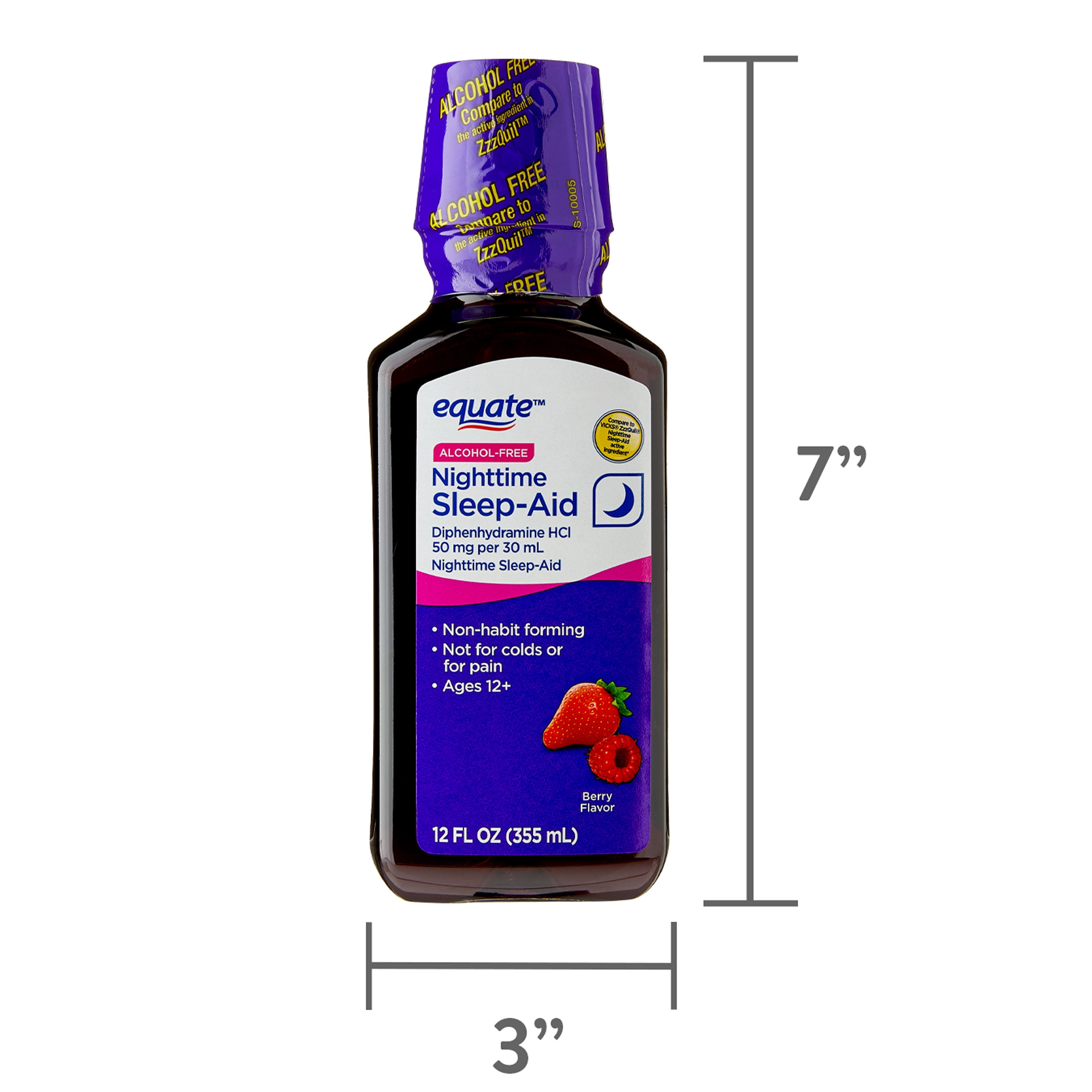 (3 pack) Equate Alcohol-Free Nighttime Sleep Aid Diphenhydramine 50 mg Liquid, Berry Flavor,12 fl oz , Compare to VICKS® ZzzQuil ®Nighttime Sleep-Aid Active Ingredient
