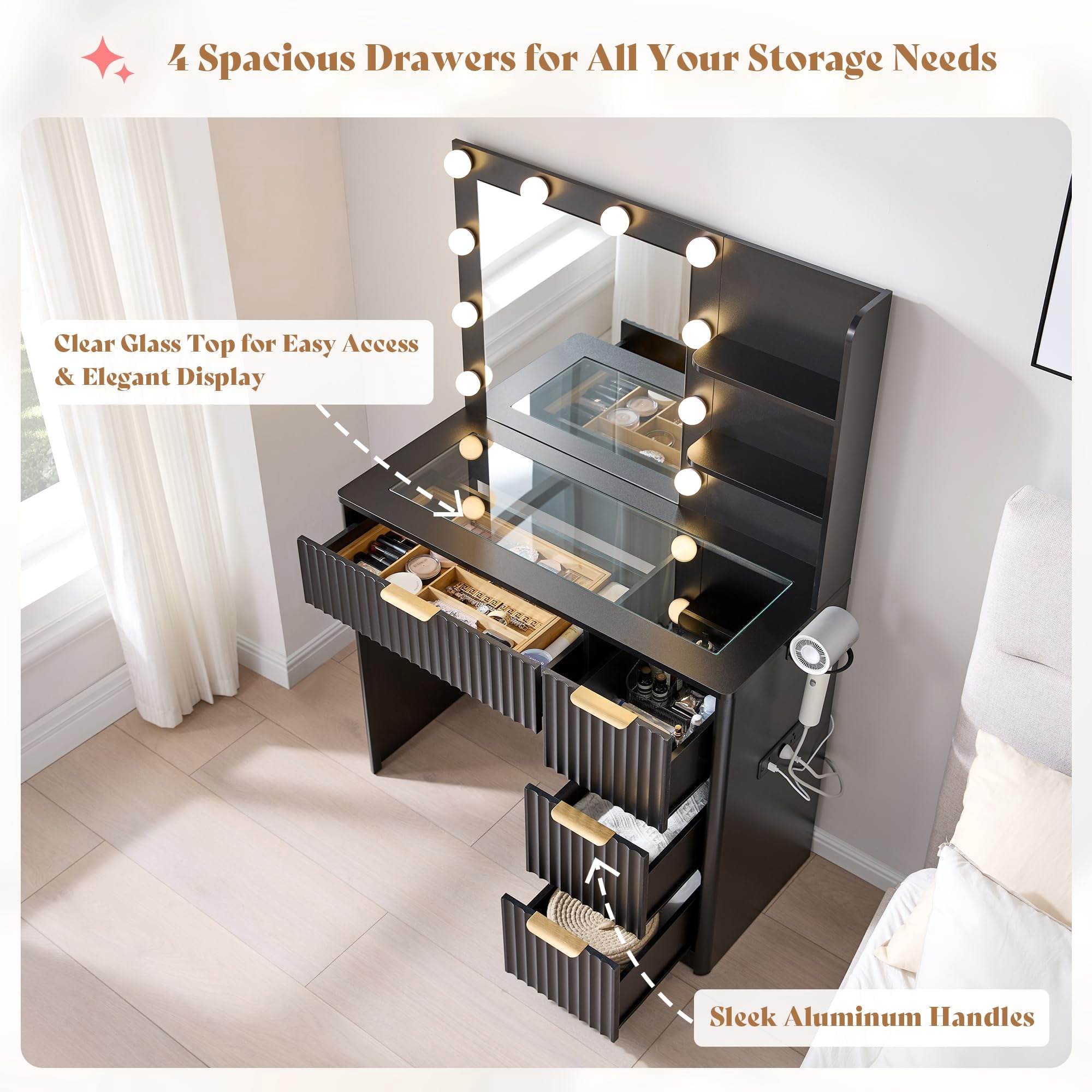 Merluxy 36.2" Girls Vanity Desk with Mirror and Adjustable LED Lights, 4 Drawers Makeup Table with Glass Top and Charging Station, Black