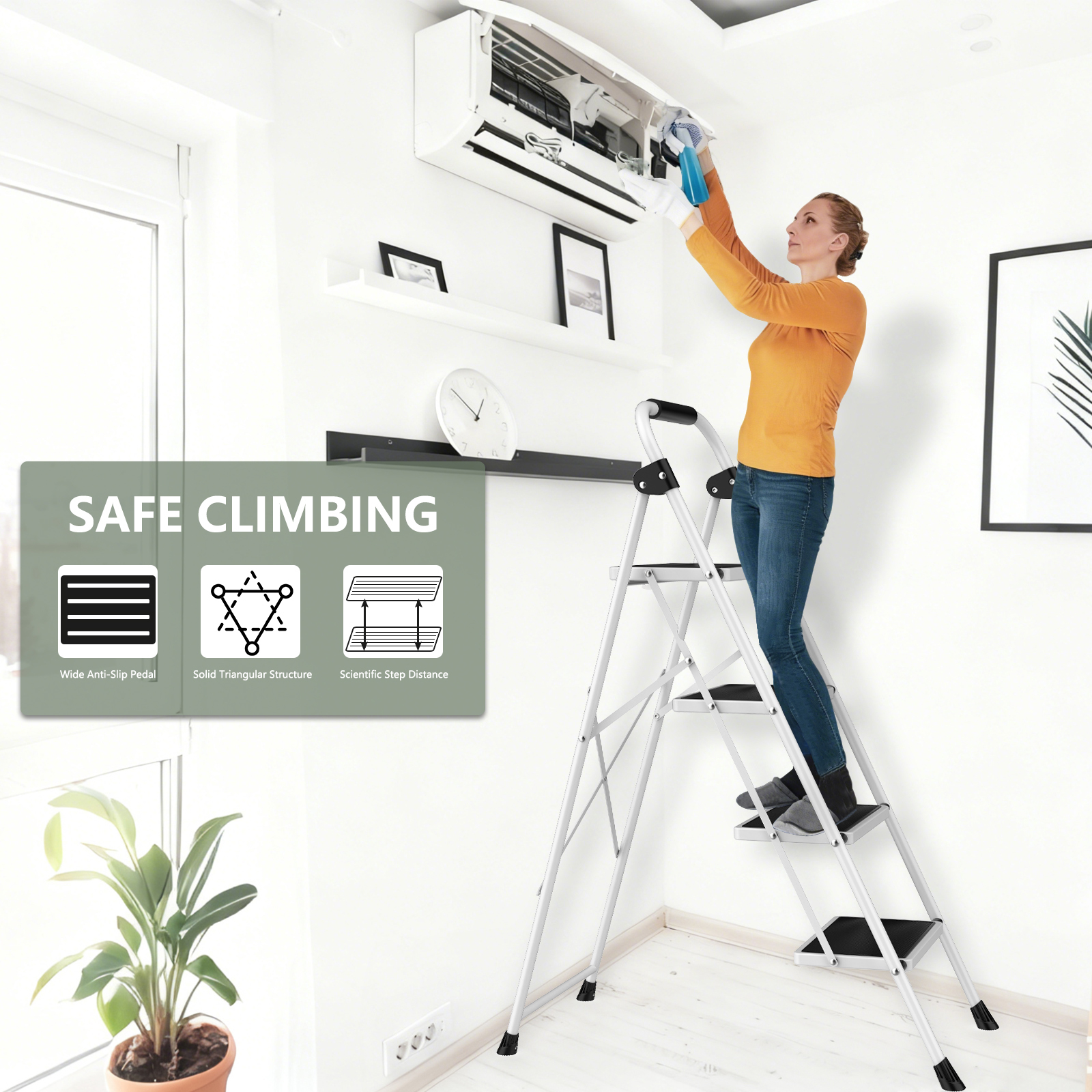 Step Stool with Anti-Slip Pedals and Comfortable Handrails, 330 lb Load Capacity