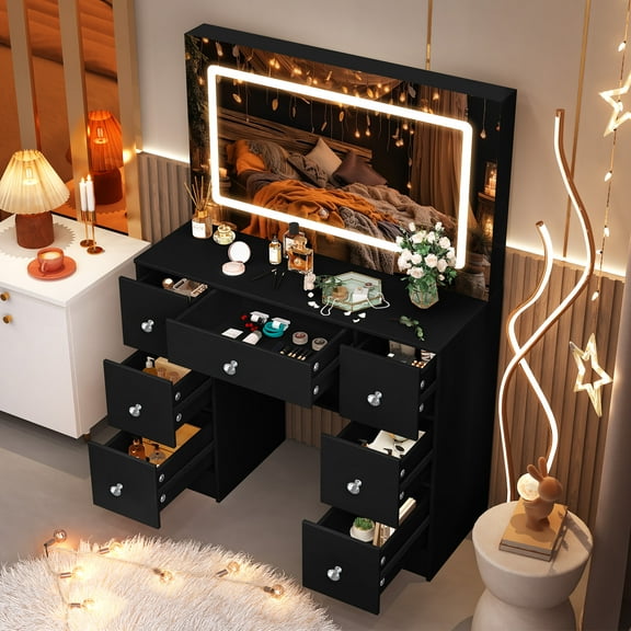 Jarbalai Large Makeup Vanity Set with LED Mirror & 7 Drawers, Adjustable Brightness Black Dressing Table, Vanity Desk for Women, Perfect Gift for Her