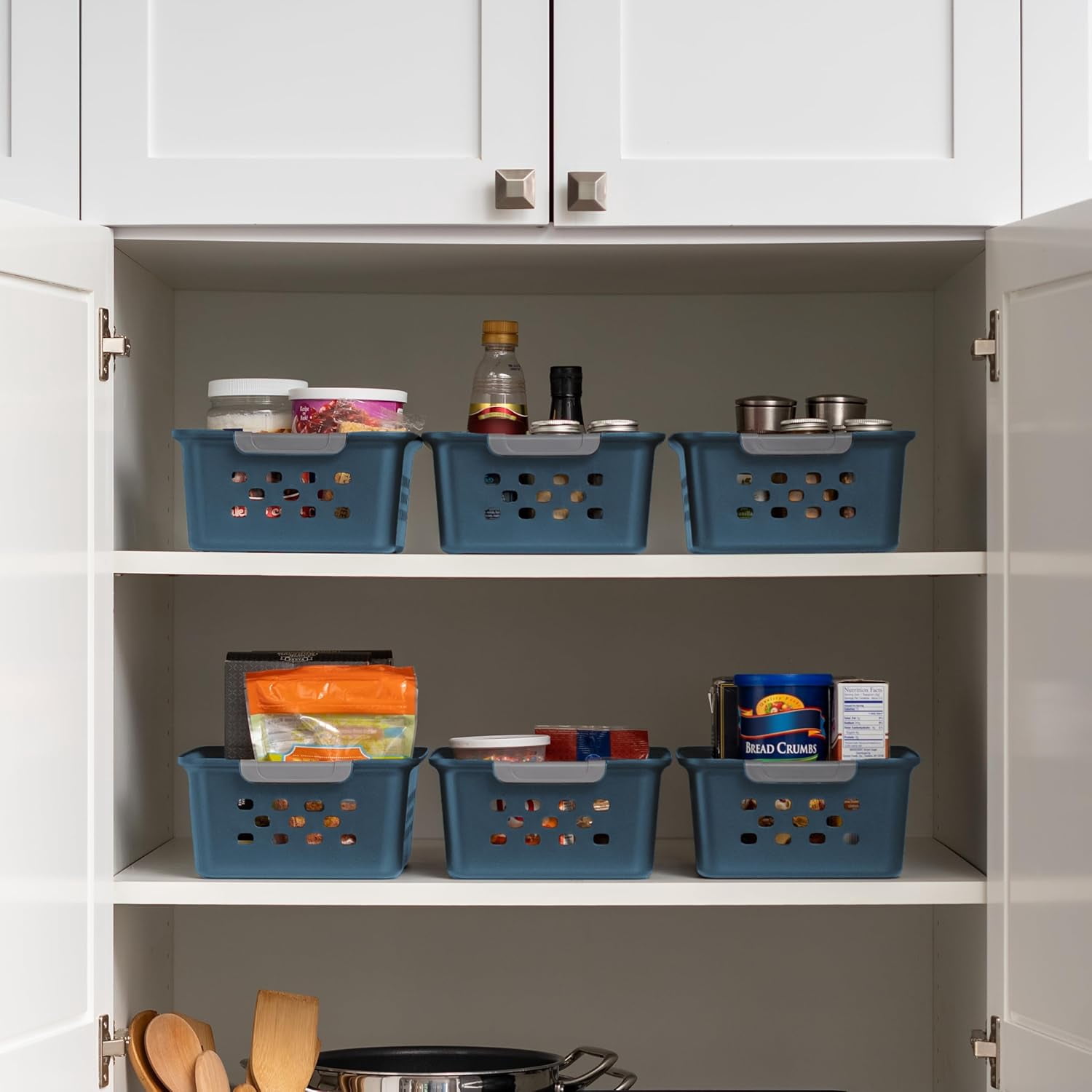 IRIS Small Plastic Storage Basket, Shelf Basket Organizer for Pantries Kitchens Cabinets Bedrooms, NAVY