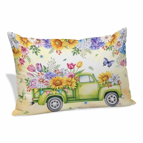 Spring Truck Flowers Pillow Covers, Linen Long Throw Pillow Case, Watercolor Floral Butterflies Yellow Holiday Pillow Protector Decorative Cushion Cover for Living Room/Bedroom 12" x 20"