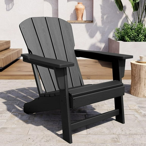 Modern HDPE Plastic Adirondack Chair - Oversize 380LB Poly Lumber Weather Resistant Firepit Chair - Outdoor Patio Chairs with Wooden Textured for Garden, Backyard, Lawn, Deck, Pool, Porch - Black