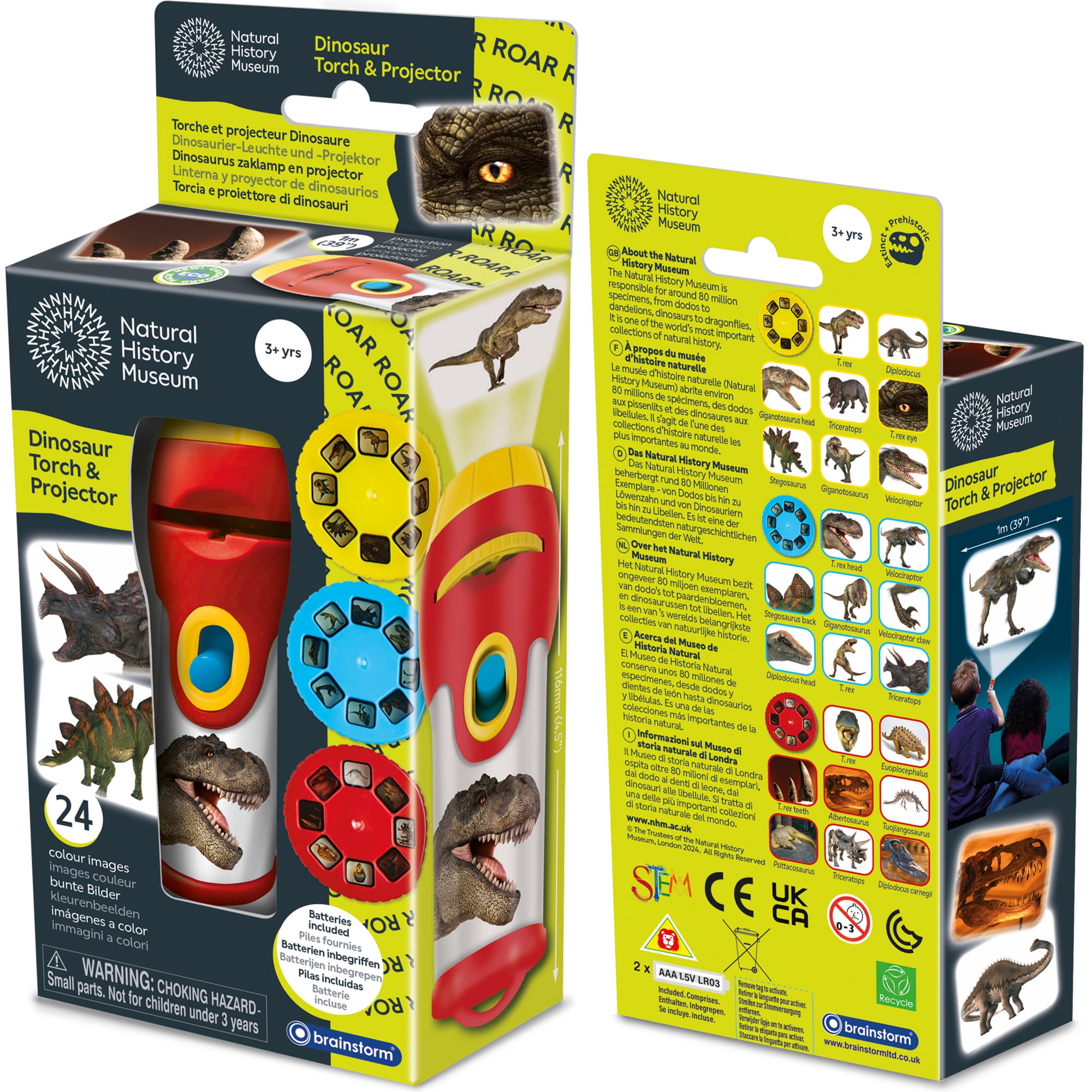 Natural History Museum: Dinosaur Torch & Projector - Handheld Flashlight & Image Casting Toy, 24 Color Themed Slide Images, 39" Projection, Kids 3+
