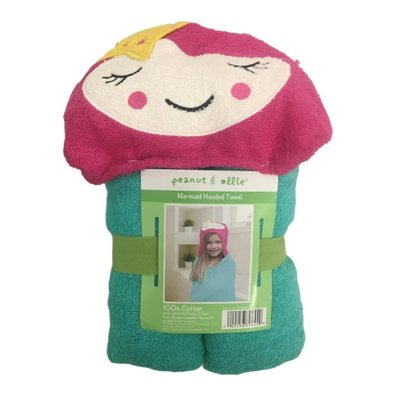 Peanut & Ollie Hooded Mermaid Bath Towel, Child Size Pink & Green Cotton Towel