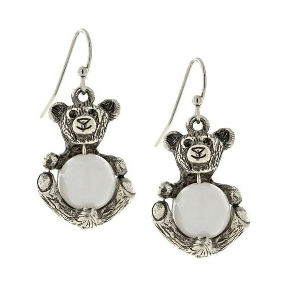 1928 Jewelry Women's Pewter Round Gemstone White Quartz Teddy Bear Wire Earrings, White, One Size
