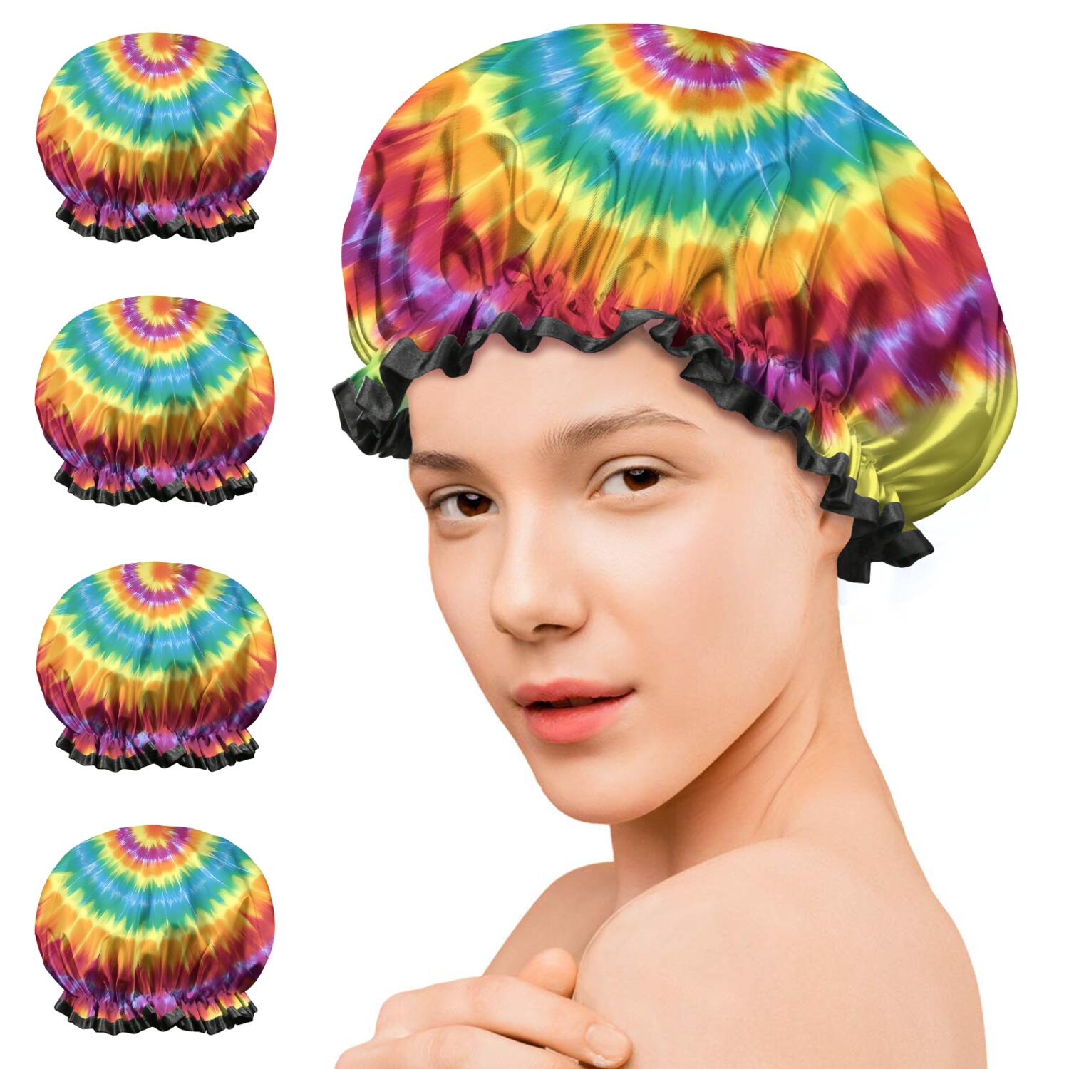 Shower Caps,Colorful Rainbow Tie Dye Spiral Pattern Waterproof Shower Cap for Women 4 Pieces,Double Reusable Hair Cover for Shower PEVA Elastic Stretch Hem