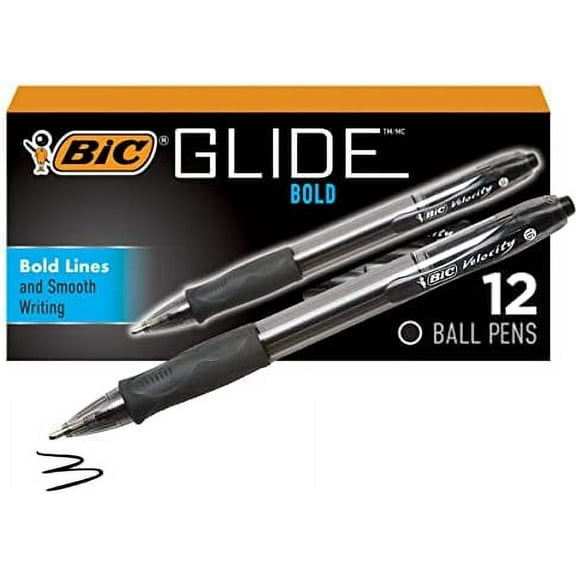 BIC Glide Bold Black Ballpoint Pens, Bold Point (1.6mm), 12-Count Pack, Retractable Ballpoint Pens With Comfortable Full Grip