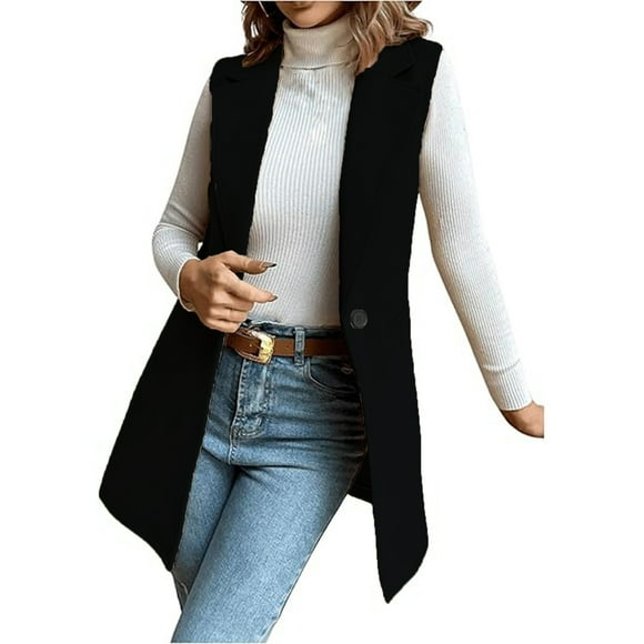 ManxiVoo Womens Notched Lapel Wool Blend Vest Casual One Button Sleeveless Western Style Jacket M Size Black