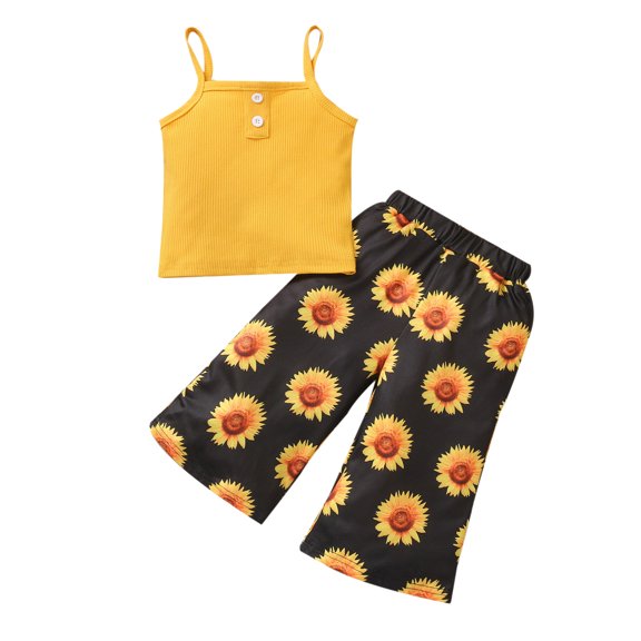 Bobifish Baby Girls Summer Outfit Set Solid Color Ribbed Cami Vest Top With Sunflower Flower Print Pants Two Piece Breathable Casual Outfit Sets