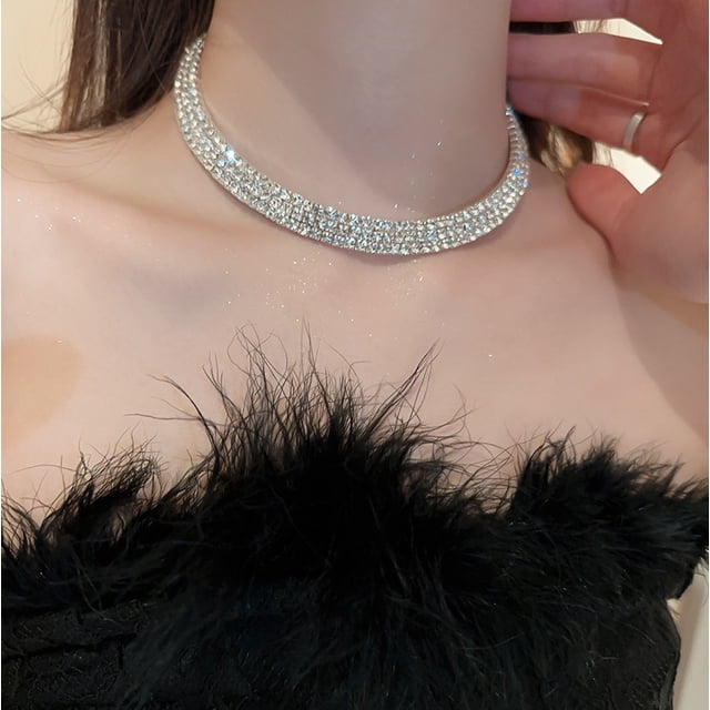 Gargantilla Collares Gargantilla de diamantes de plata Pulsera Pendientes de cristal Conjunto de collar para mujer Conjunto de joyería de boda de fiesta de diamantes de imitación sexy