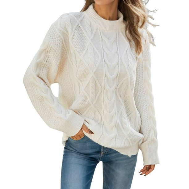 Gibobby Suéteres mujer, Suéter de playa con rayas de color para mujer, cuello redondo, punto hueco(Blanco,CH)