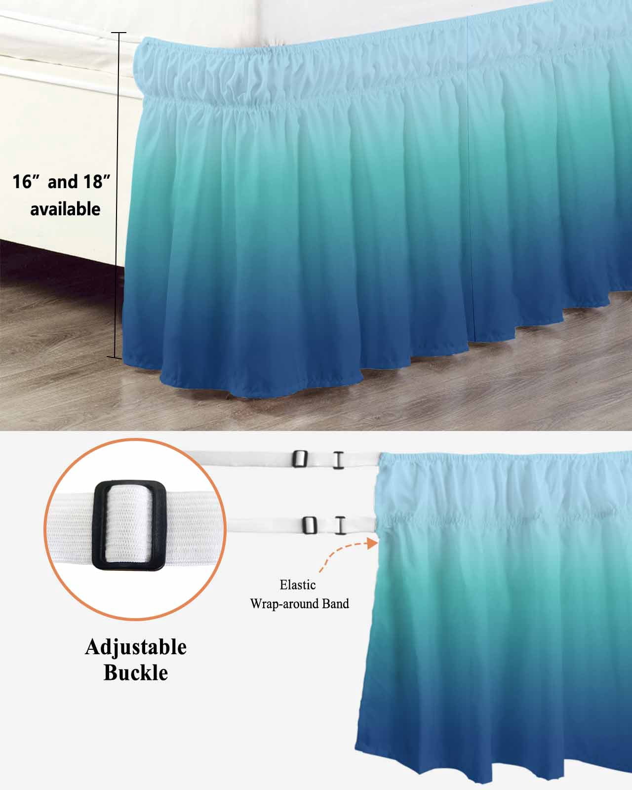 Teal Blue Ombre Bed Skirt Queen Size, Modern Abstract Art Gradient Aesthetics Wrap Around Bed Skirting with Adjustable Elastic Strap, Dust Ruffle Pleated Bedskirts 18 Inch Drop for Bedroom Queen Beds
