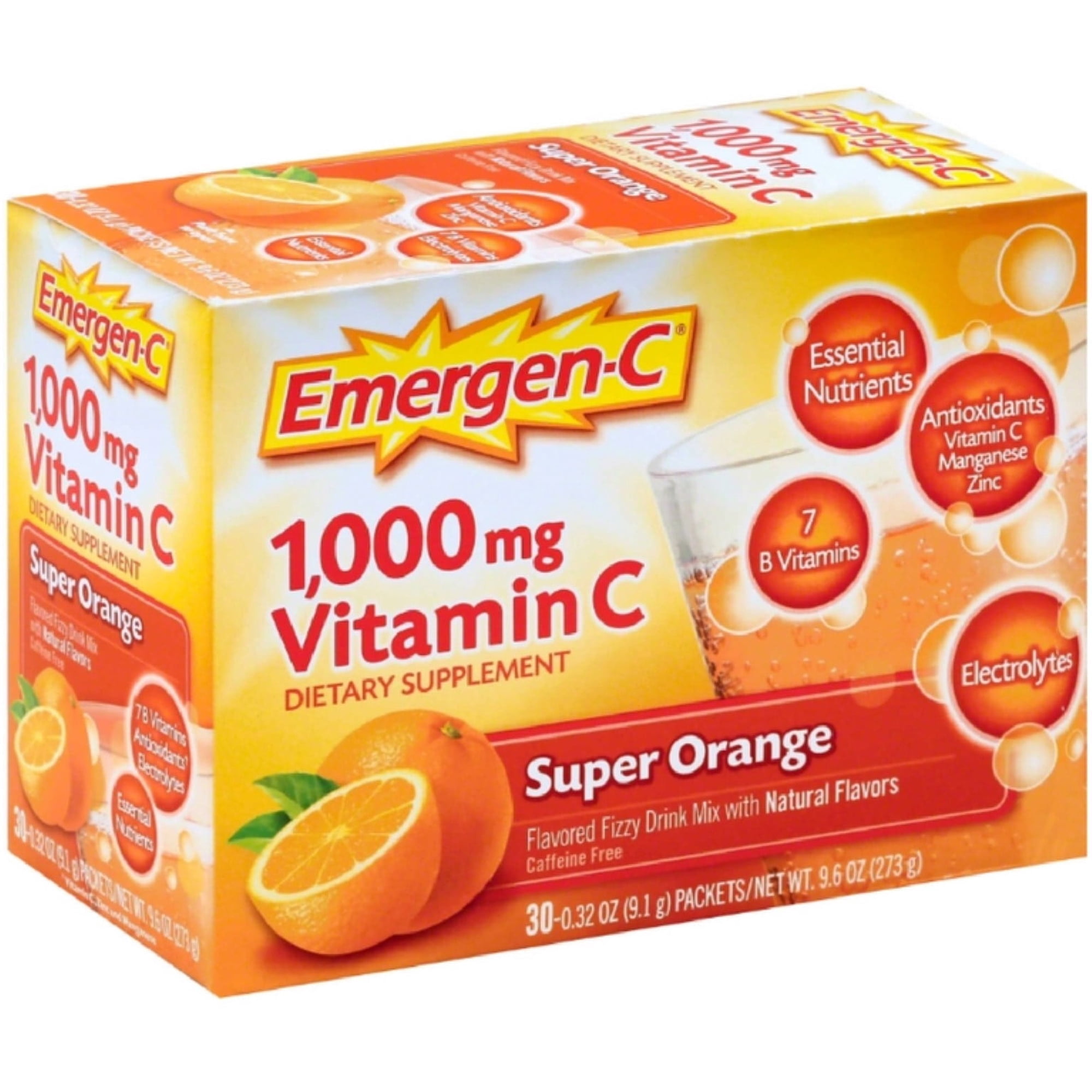 3 Pack - Emergen-C Vitamin C Flavored Fizzy Drink Mix Packets, Super Orange 30 ea