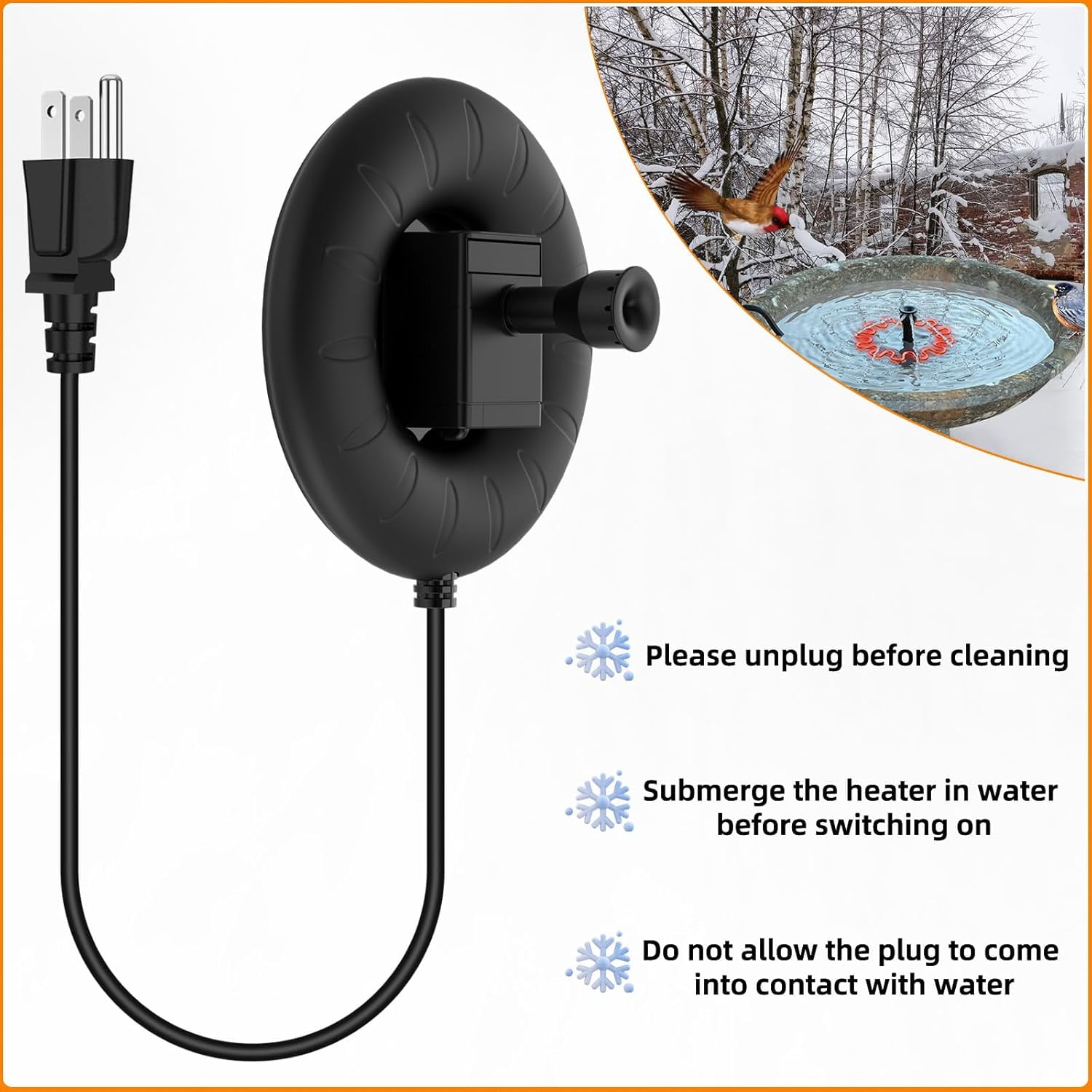 Bird Bath Heater for Outdoors with Water Pump, Deicer for Birdbaths with Thermostatically Controlled and 3.3ft Long Cord,Pond De-icer 70 Watts for Patio Yard Various Bird Baths
