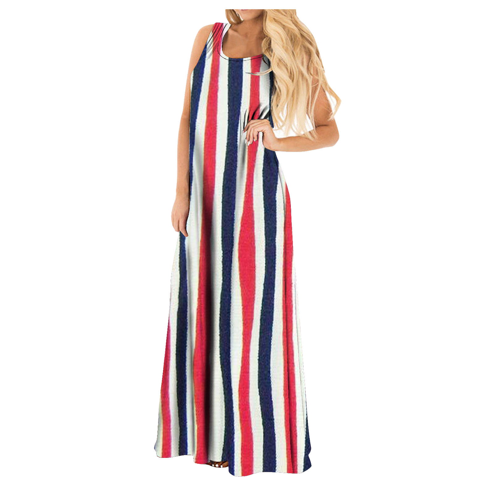 Womens Casual Independence Day Sleeveless O-Neck Print Maxi Tank Long Dress Plus Size Dresses for Women Casual Summer 