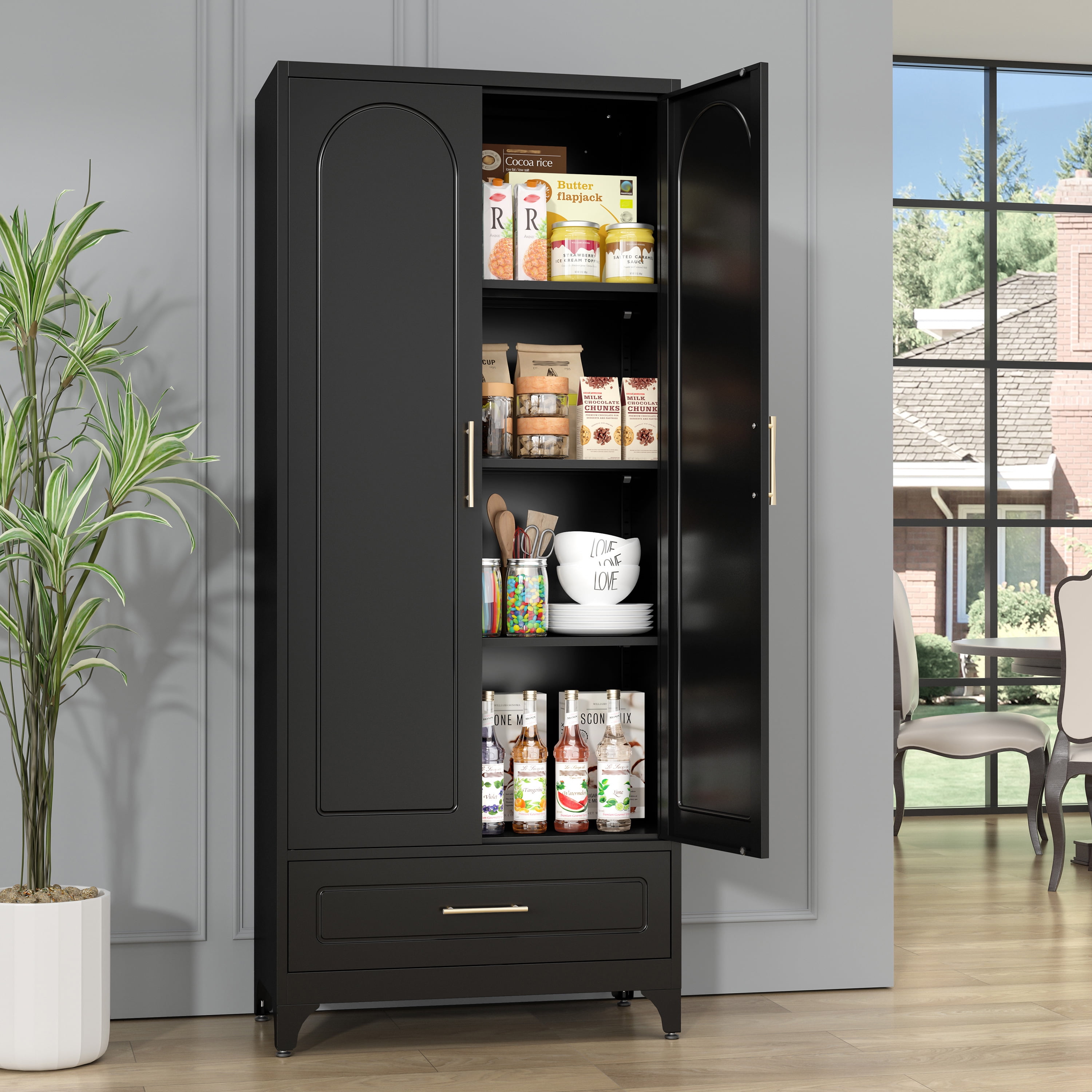 Polup 75" H Metal Black Kitchen Pantry Storage Cabinets with Drawers, Doors and Shelves, Steel Large Cupboard
