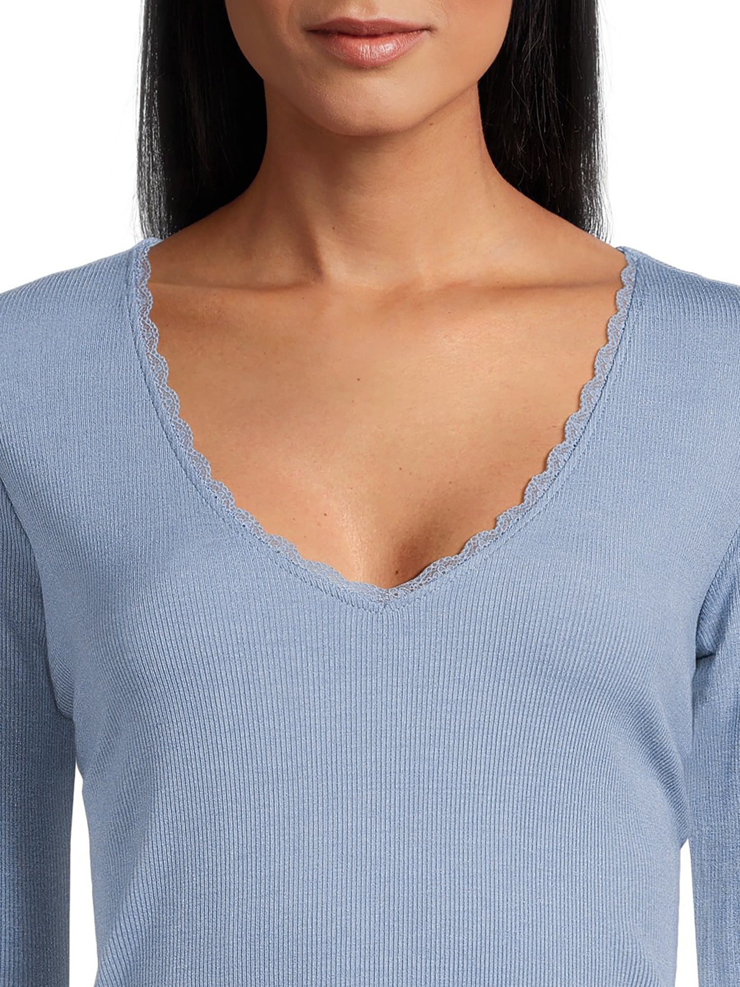 Self Esteem Juniors Lace Trim V-Neck Tee with Long Sleeves