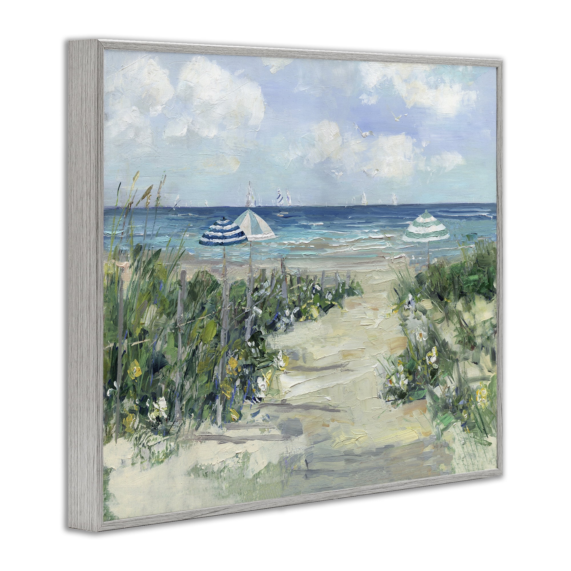 Stupell Industries Seaside Path To Striped Umbrellas Gray Framed Giclee Art, design by Sally Swatland