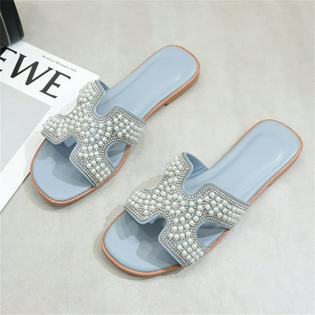 

Hawee Women Girls Summer Flat Slide Sandals Hollow Pearl Version