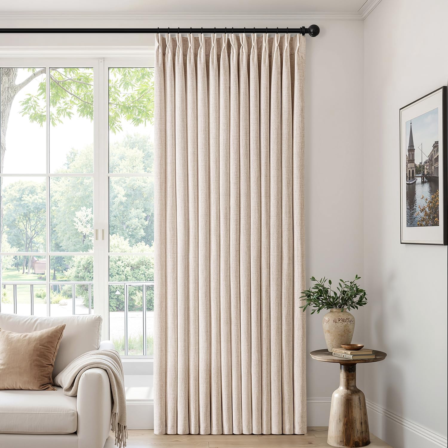 Pinch Pleated Thick Linen Curtains 90 Inch Long 4 Panels Set Back Tab Memory Trained Pinch Pleat Semi Sheer Light Filtering Privacy Curtains Let Light in Window Drapes for Living Room Bedroom