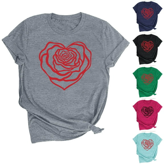 Fesfesfes Tshirts for Women's Lover Love Printed T-shirt Round Neck Short Sleeved Top Womens Vneck Tshirts S(US:4)