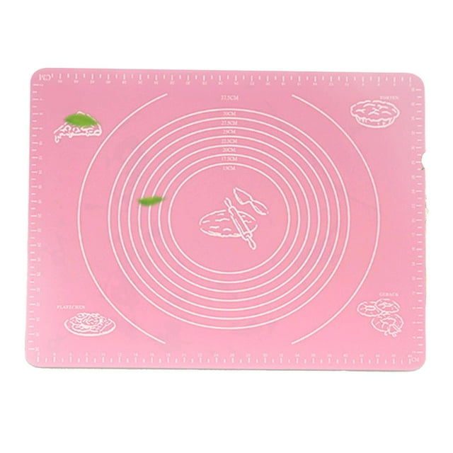 tapete de silicona antiadherente para repostería, tapete grueso de silicona para hornear con medidas para hornear masa de pastelería, galletas de pizza, color rosa — tapete rectangular rosa de 50x40 cm con círculos concéntricos marcando diámetros en cm (10–37.5 cm), reglas en los cuatro bordes en centímetros, iconos de repostería en las esquinas y superficie lisa apta para amasar, enrollar y cortar masa.