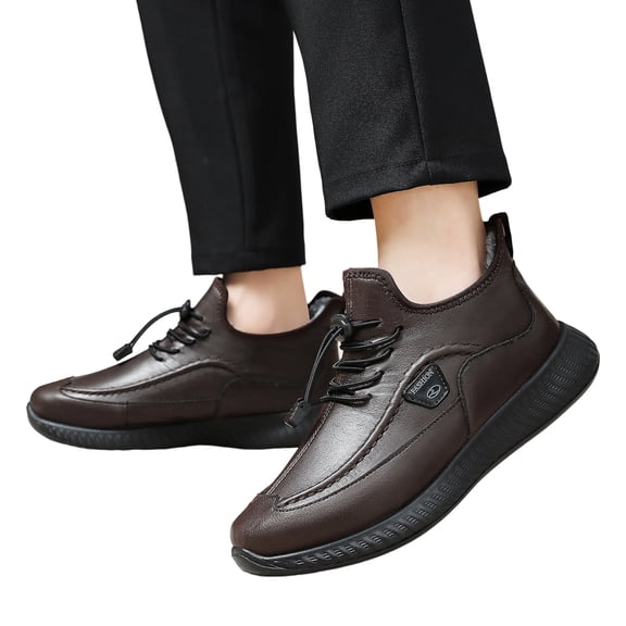 EKVAHL Men's Orthopedic Casual Sneakers, Lace Up Booties Walking Shoes, Windproof Leather Fleece Lined Arch Support Flexible Sole Office Daily Work Winter Shoes Brown