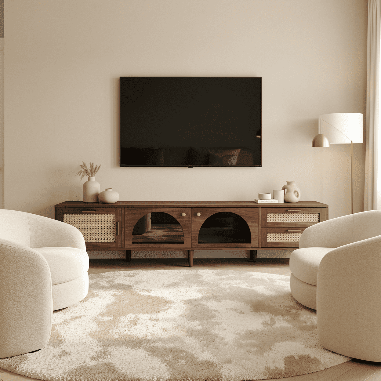 Homy Casa 86.6" TV Stand with LED Lights, Rattan Doors and Drawers, Walnut