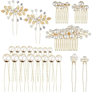 23Pcs Bridal Pearl Gold Hair Clips, STONCEL Wedding Flower Leaf Rhinestone Hair Pins, Bride Hair Combs Accessories U-shaped Hair Barrettes Headpieces for Bridesmaid Party Women Girl