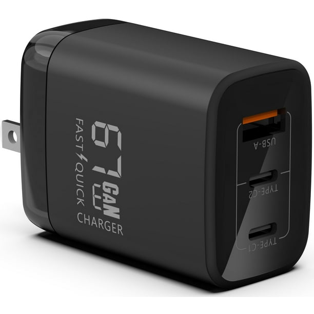 Cargador Vebner Rápido 67W Dual USB-C Más USB-A GaN Power Delivery