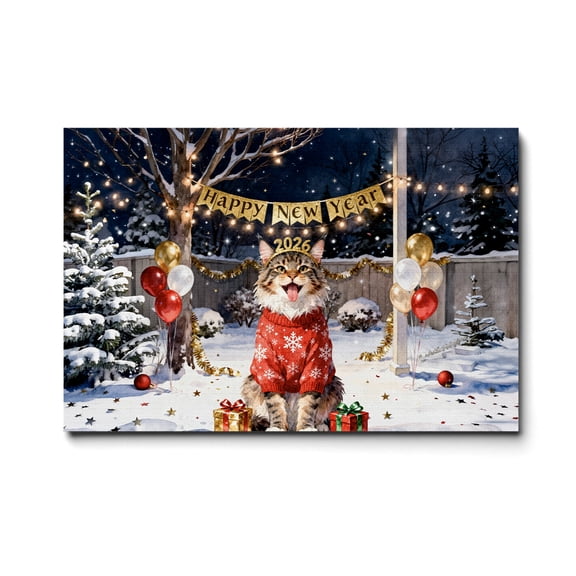 Happy New Year 2026 Maine Coon Holiday Balloons Party Snow Horizontal Matte Canvas Poster Cat Lover Kitten Owner Gifts Wall Art Home Decor - 13018