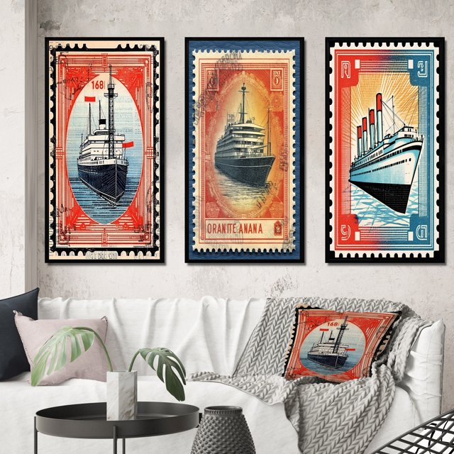 Designart « Vintage RMS Titanic Postal Stamp II » Bateau Ensemble d'Art Mural Encadré de 3 - Ensemble de Cadres Modernes Rouges pour Mur de Galerie pour Déco Maison