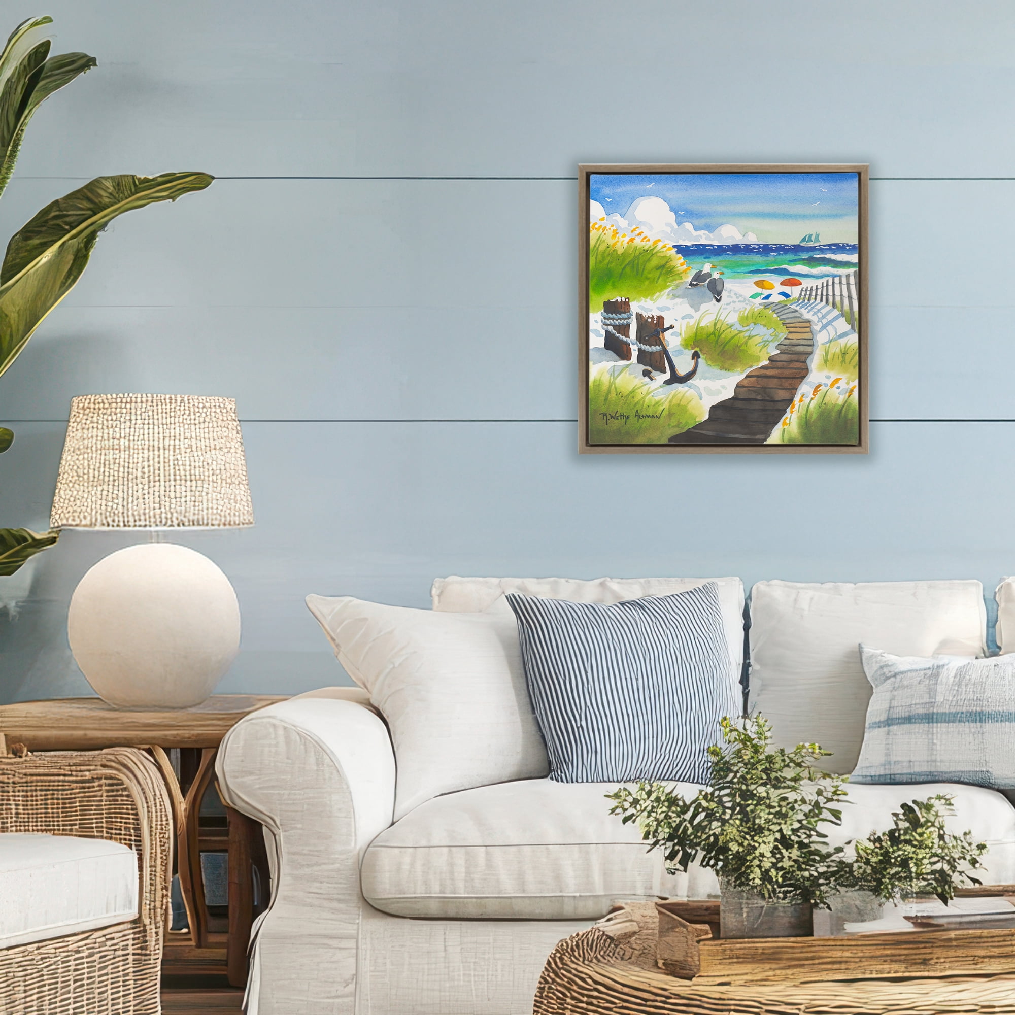 Stupell Industries Seagull & Anchor on Shore Brown Framed Floater Canvas Wall Art, design by Robin Altman