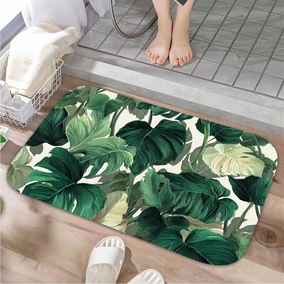 1pc Tropical Plant Leaves Absorbent Non-Slip Bathroom Thickened Flannel Rug Decor,Soft,Quick Drying,Suitable For Indoor/outdoor Use,Bathrooms,Bedrooms,Kitchens,Terrace,Laundry Rooms,16"x24"