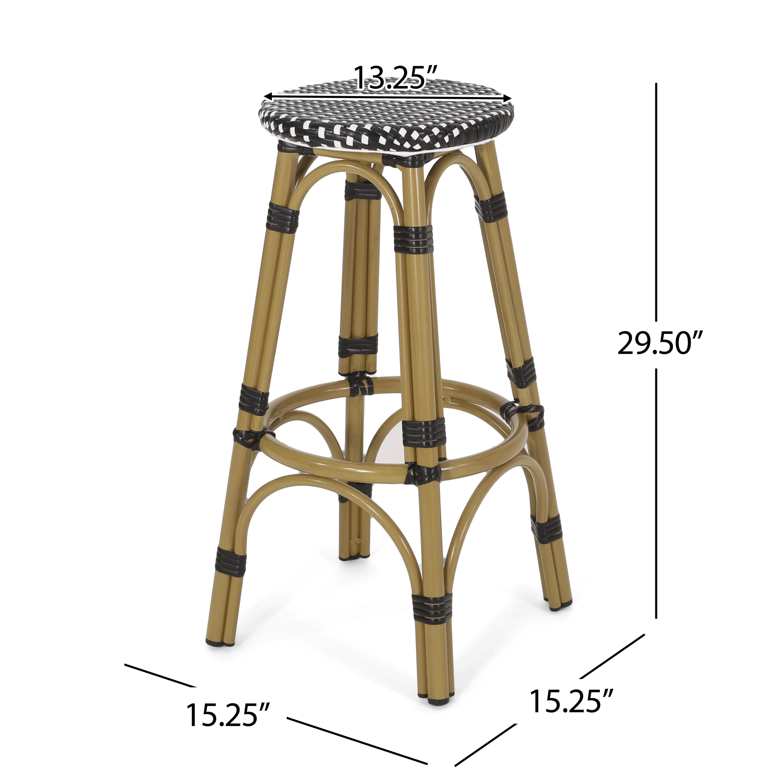 Wilbur Aluminum and Wicker Outdoor 29.5 Inch Barstools, Set of 4, Black, White, and Bamboo Finish