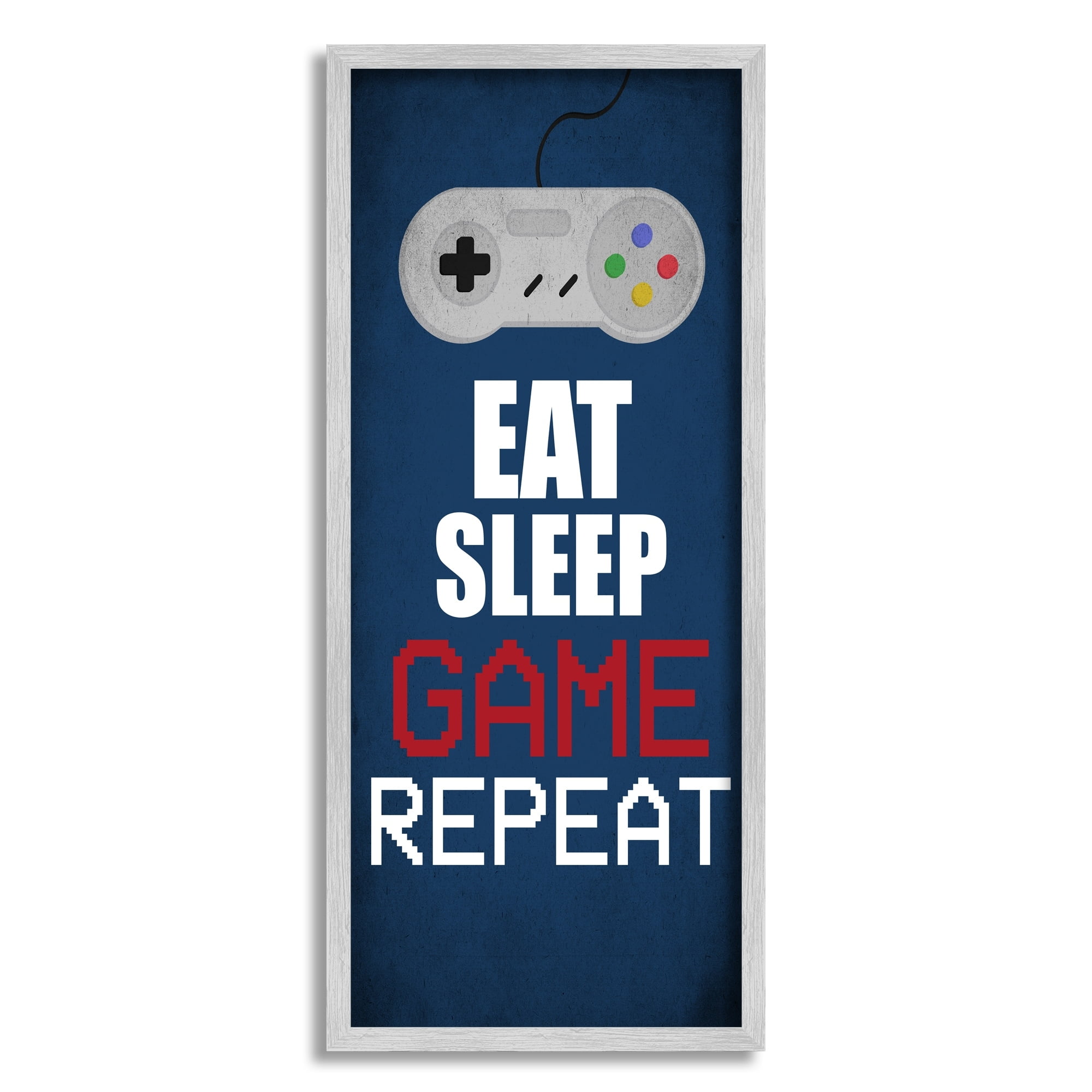 Stupell Industries Eat Sleep Game Repeat Pixel Typography Vintage Controller Beauty & Fashion Painting Gray Framed Art Print Wall Art, 13 x 30