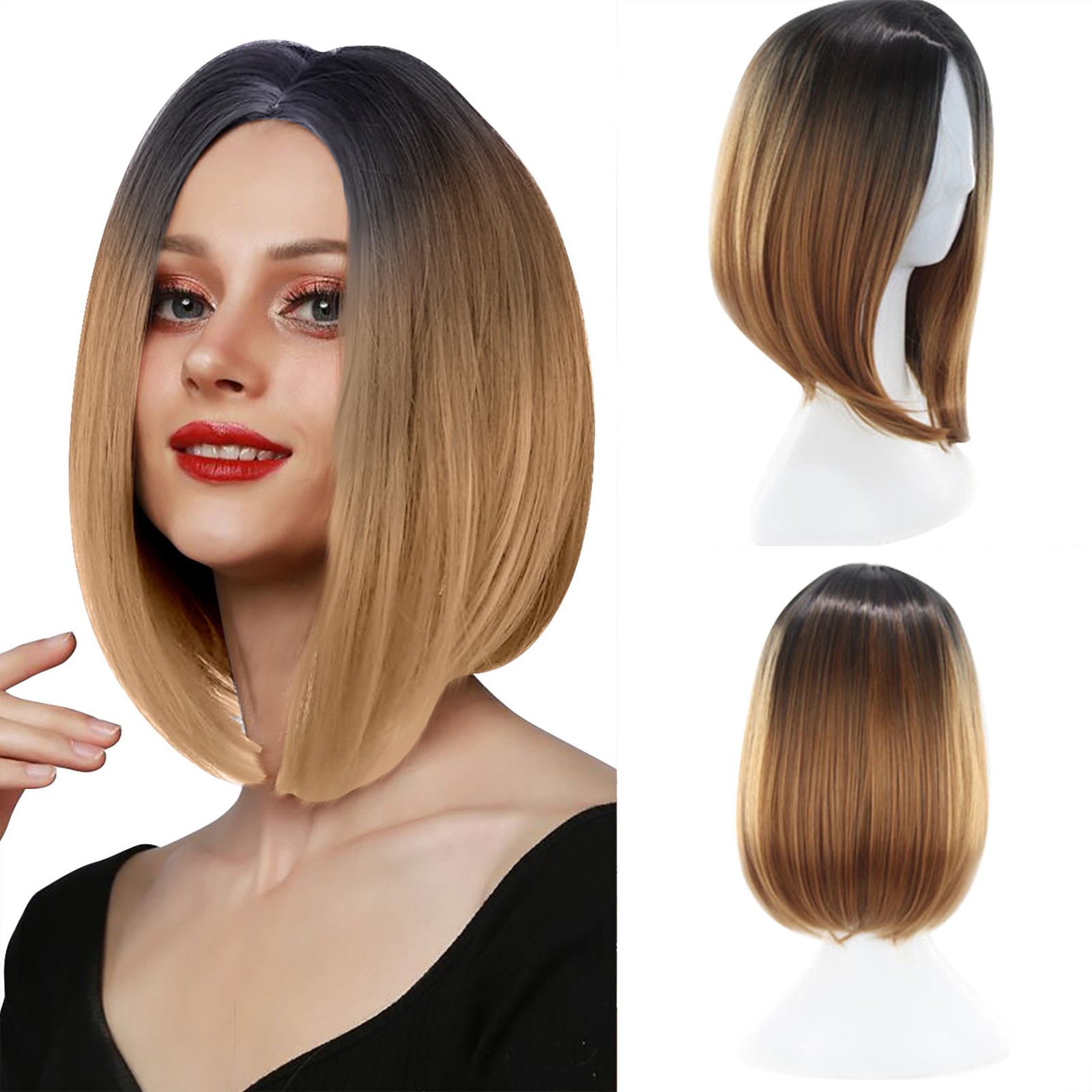 Wigs Human Hair Party Wig Gradient Short Straight Hair Highlight Female ...