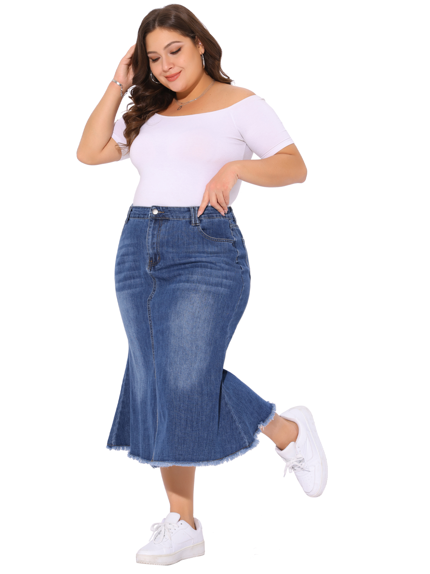 DARING DIVA Women's Plus Denim Fishtail Midi Jean Skirt with Pockets 1X Blue