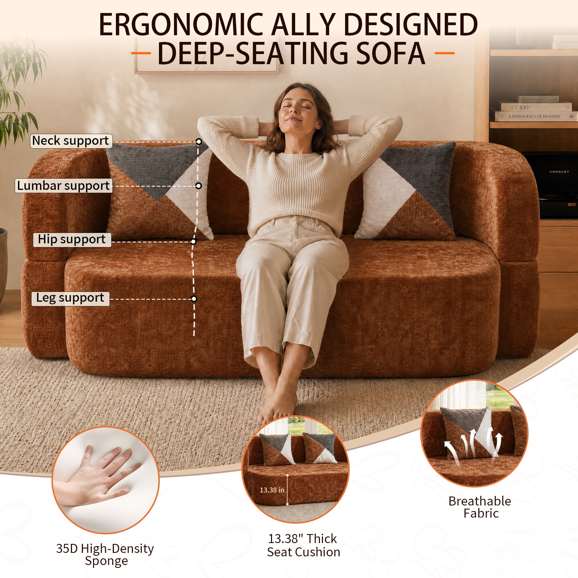 78.74"W Eggshell Convertible Sofa,Floor Couch,Sleeper Sofa Bed,No Assembly High-Density Sponge Loveseat with 2 Pillows for Living Room, Apartment,Small Spaces,Cognac Brown