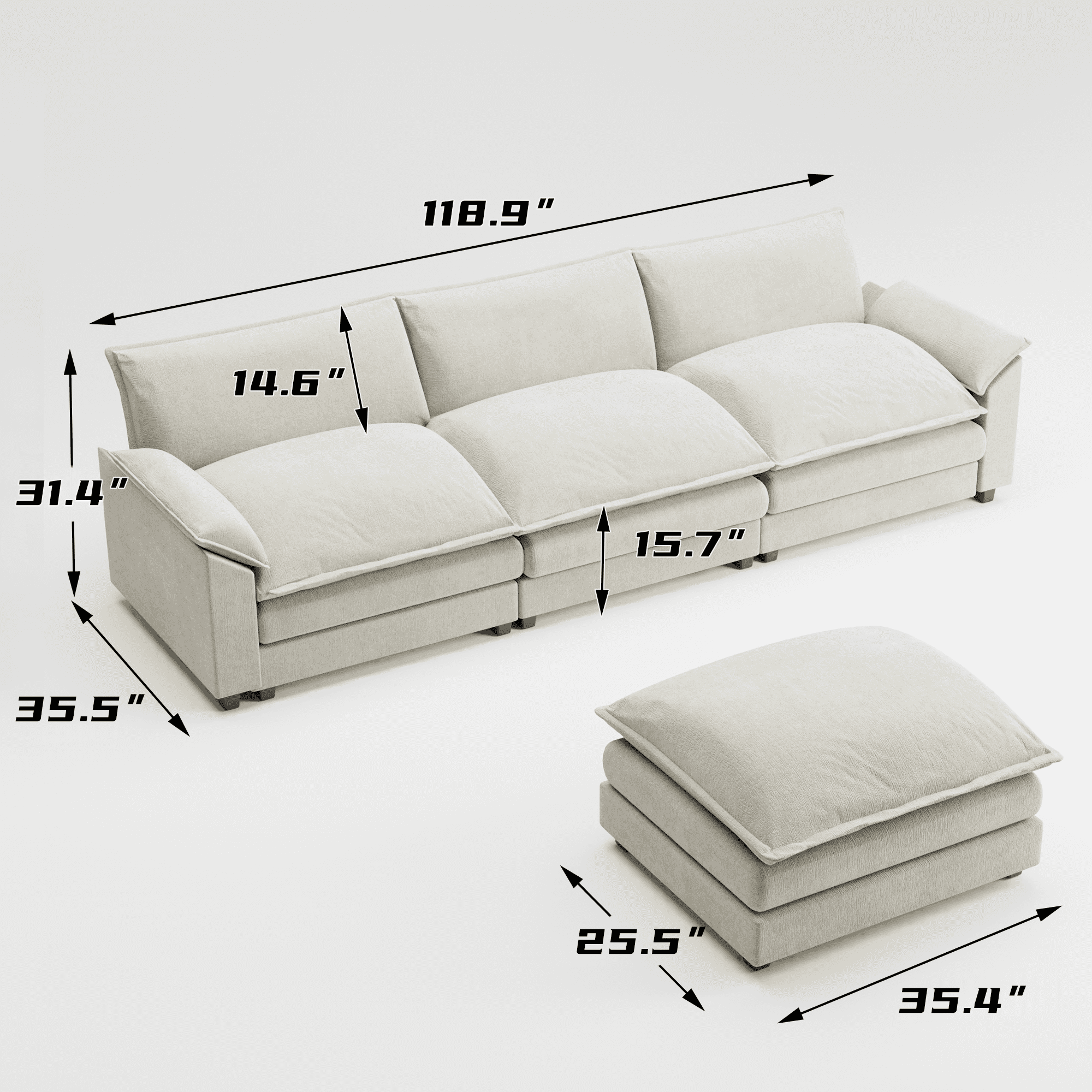 Homall 3-seat L-shaped Cloud Couch Sectional Sofa with reversible toffee chair Movable Footrest Sofa, White