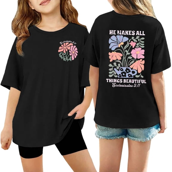 VNKIDY Girls Kids Floral Print Graphic Tee Short Sleeve Crewneck Oversized T Shirt For Summer Daily Casual Wear Black 150