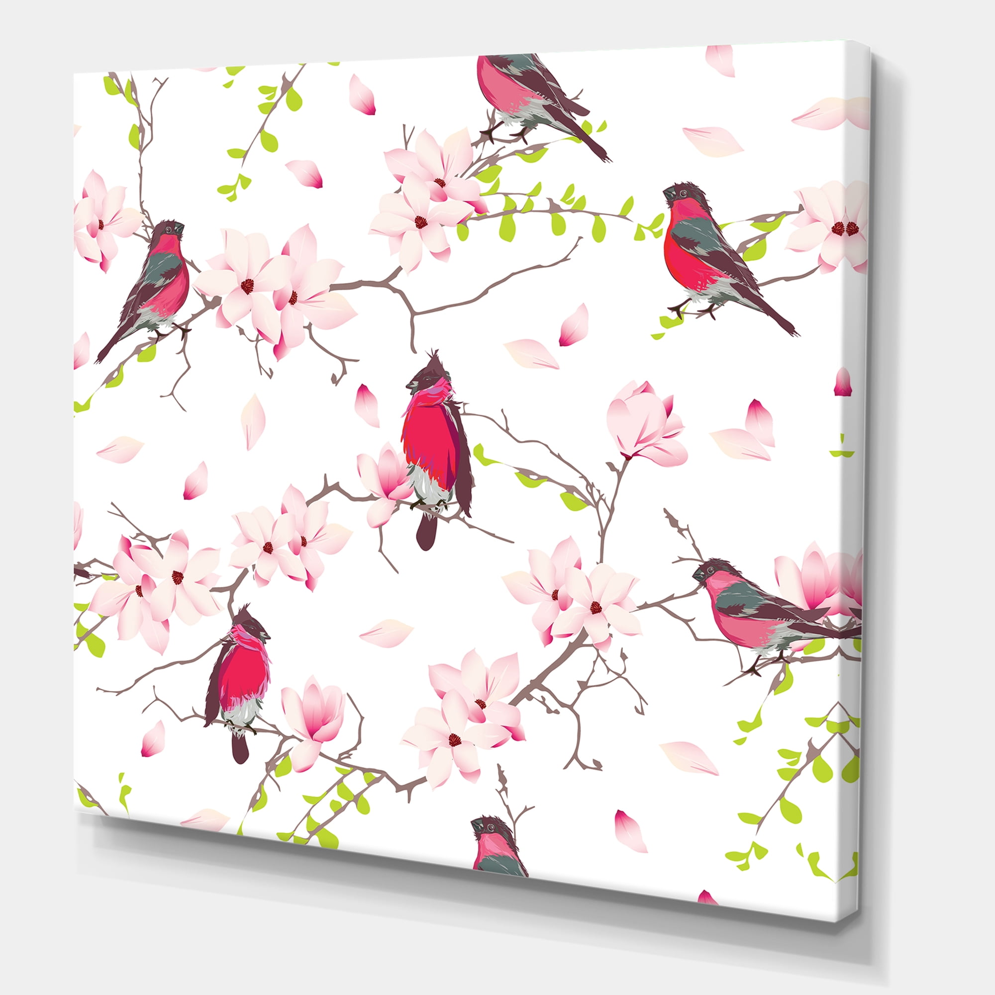 Designart ' Red Bullfinches Sitting On Magnolia Tree ' Traditional Canvas Wall Art Print