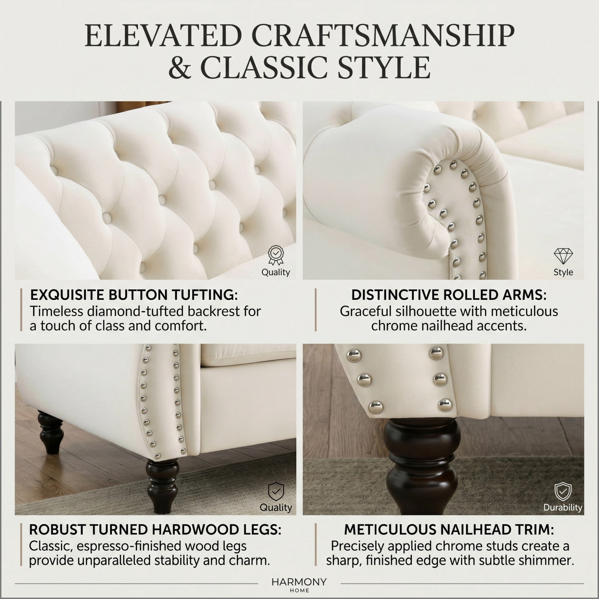 Sailvan 80" Chesterfield Velvet Sofa, 3 Seater Tufted Couch with Nailhead Trim and Rolled Arms Beige
